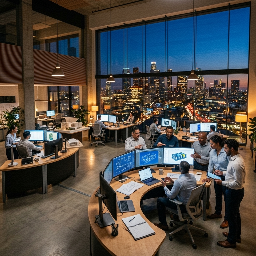 Engineering team collaborating in modern office