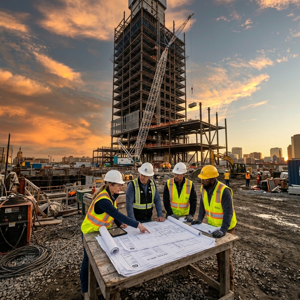 Engineering team reviewing blueprints on construction site