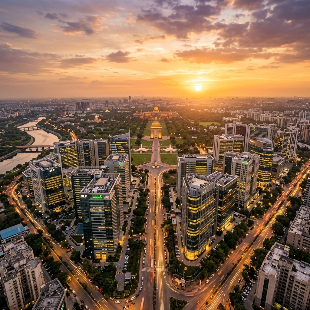 New Delhi India skyline at golden hour