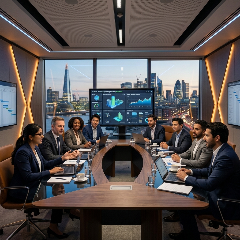 International engineering team in executive boardroom